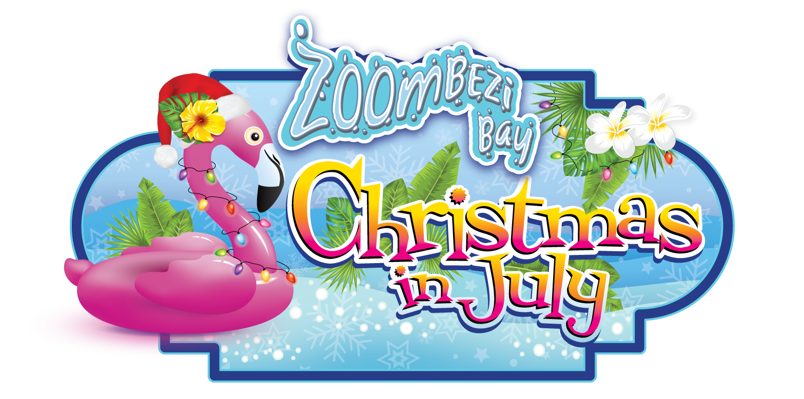 Zoombezi Bay Christmas In July logo with flamingo with santa hat