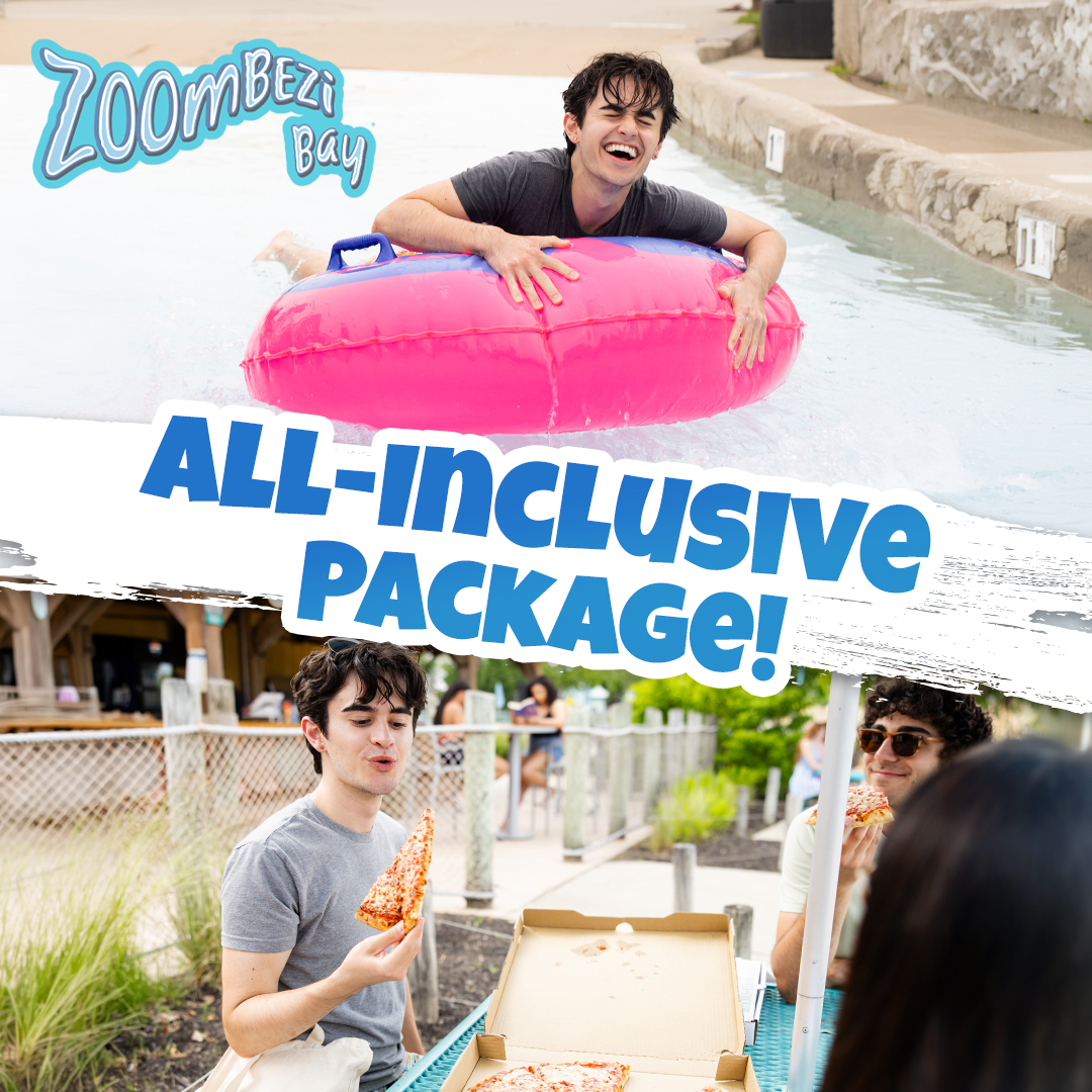 Guest enjoying food at Zoombezi Bay promoting the All-Inclusive Package with admission, meal, and unlimited fountain drinks.