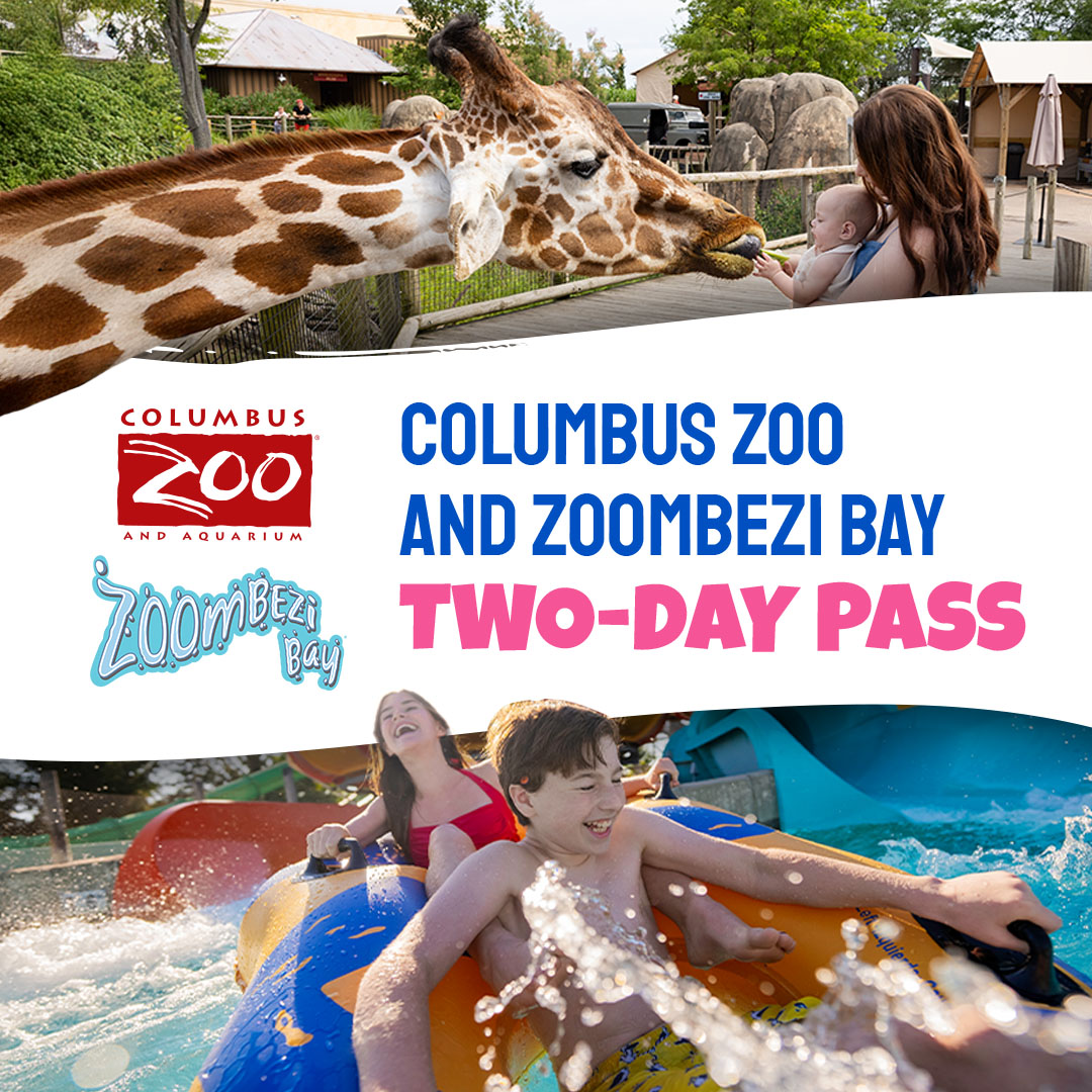 Columbus Zoo and Zoombezi Bay Two-Day Pass featuring a giraffe encounter at the Zoo and guests riding a water slide at Zoombezi Bay.