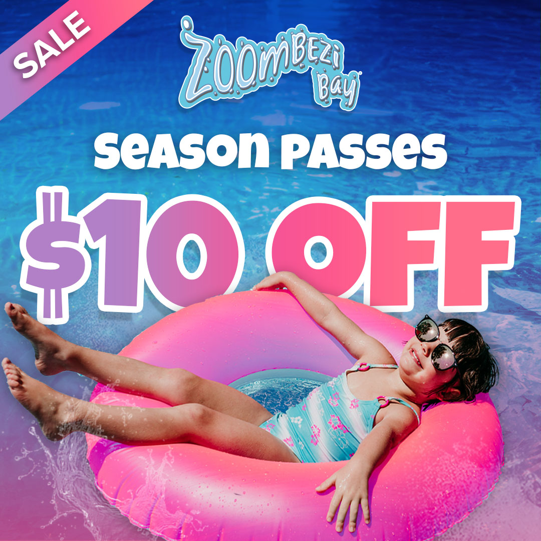 a girl floating in a pink inner tube graphic with text that says Season Passes 10 dollars off