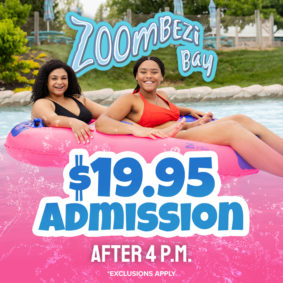 Two guests relaxing on a tube in the lazy river at Zoombezi Bay promoting $19.95 admission after 4 p.m.