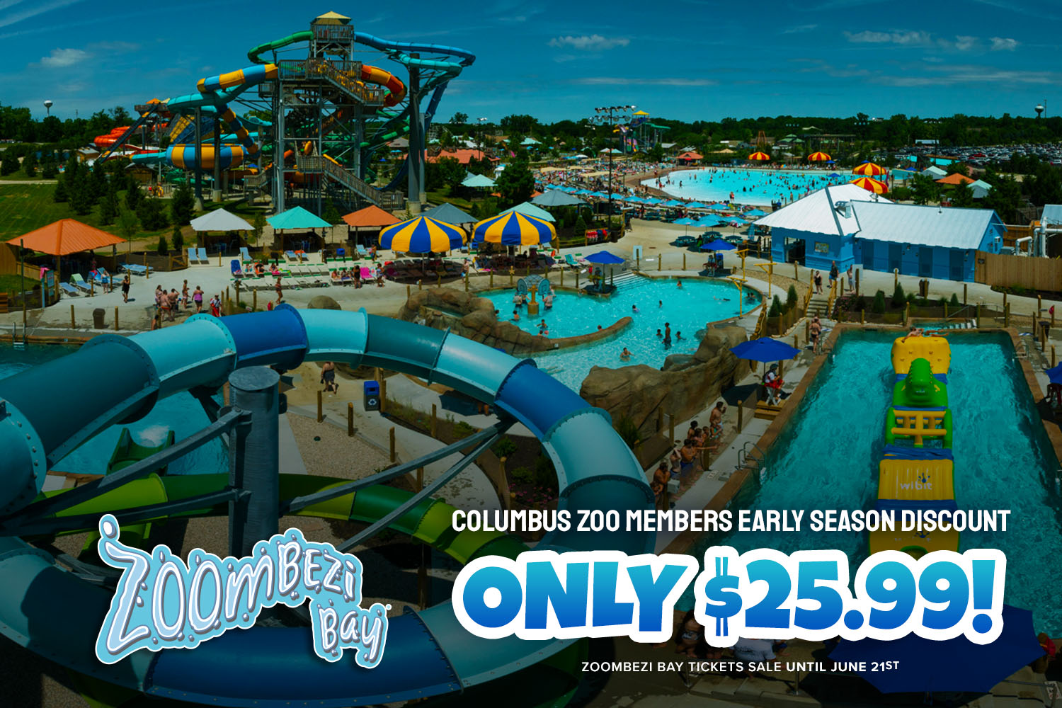 graphic that shows zoombezi bay waterpark with text mentioning a sale