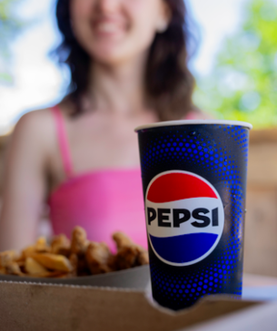 pepsi cup in foreground of a woman